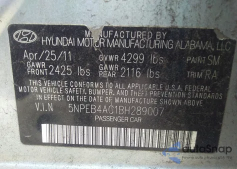 2011 Hyundai Sonata Gls from USA, damaged, VIN 5NPEB4AC1BH289007